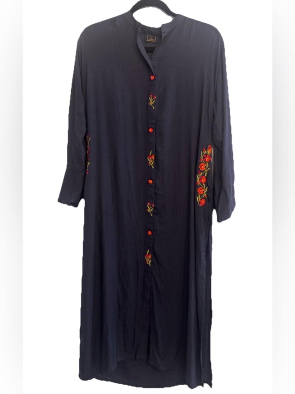 Women’s Blue Kurta Tunic Dress Floral Embroidered Button Front Made in India